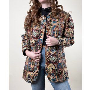 Vintage Woven Tapestry Western Boho Aztec Oversized Blazer Jacket Coat Bohemian